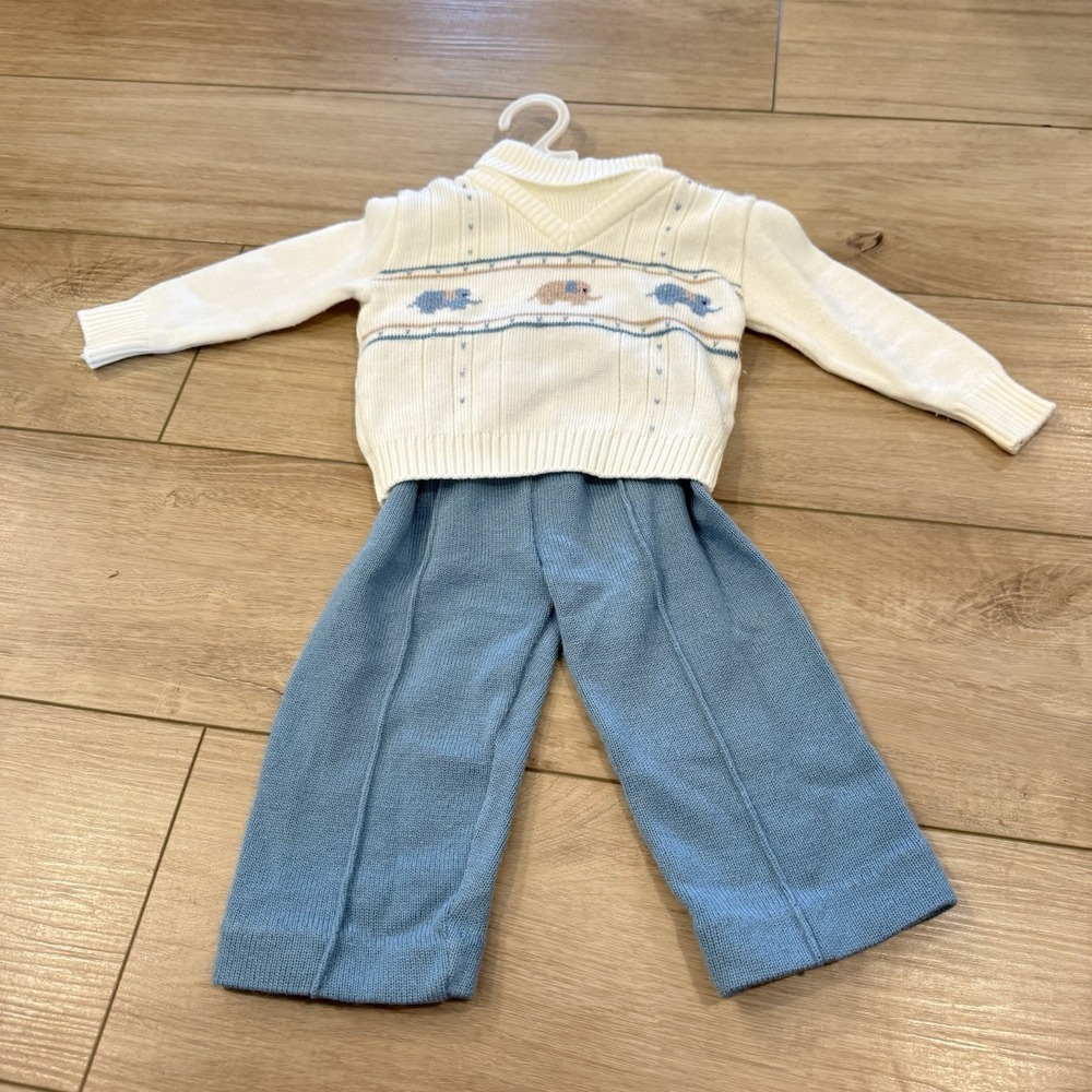 Vintage Toddler Time 2pc Knit Sweater Pants Set 18 Months Blue Ivory Elephant